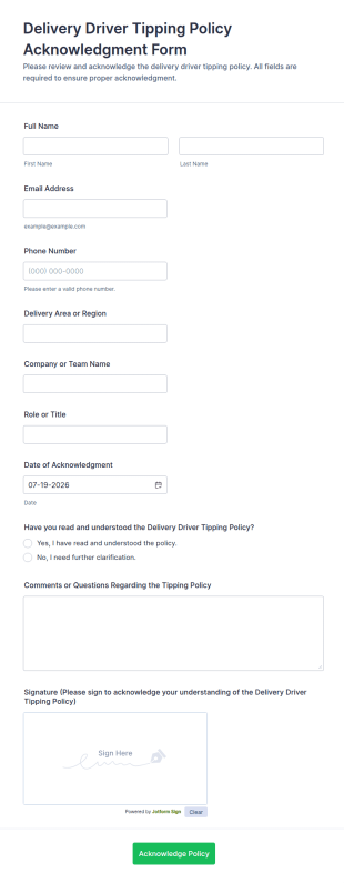 Delivery Driver Tipping Policy Acknowledgment Form Template