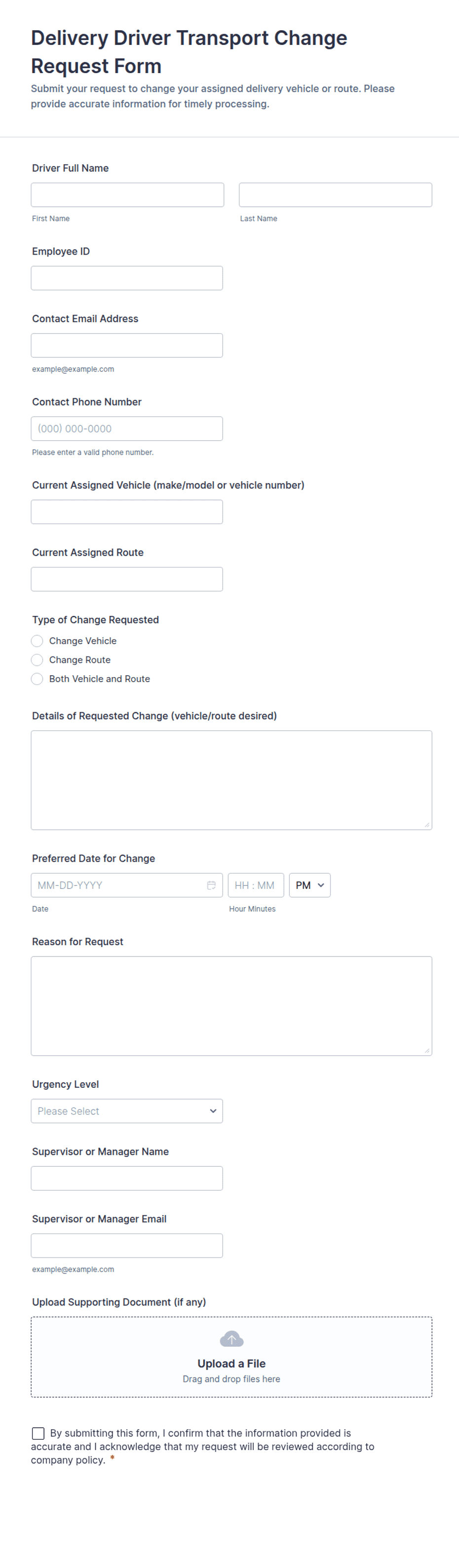 Delivery Driver Transport Change Request Form Template | Jotform