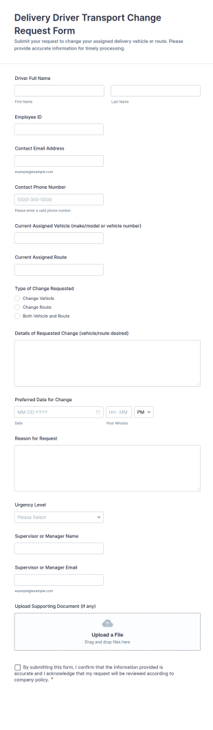 Delivery Driver Transport Change Request Form Template