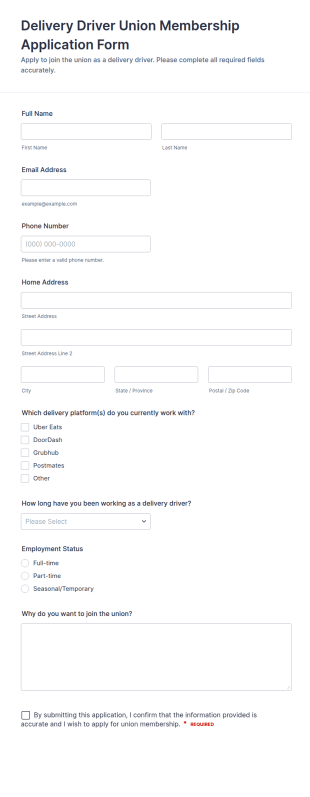 Delivery Driver Union Membership Form Template