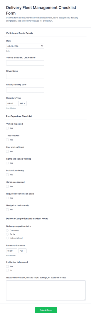 Delivery Fleet Management Checklist Form Template