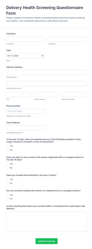 Delivery Health Screening Questionnaire Form Template