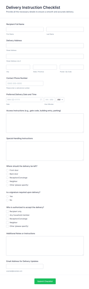 Delivery Instruction Checklist Form Template