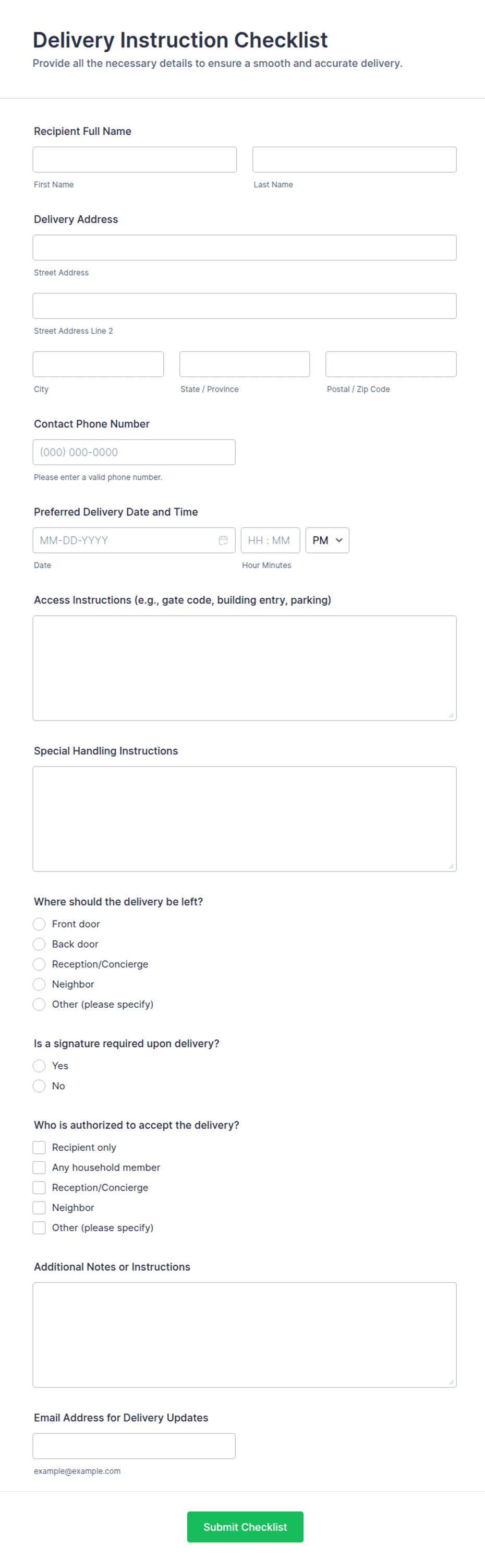 Dis Sample Delivery Instruction Checklist Form Template | Jotform