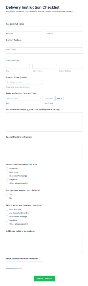 Delivery Instruction Checklist Form Template