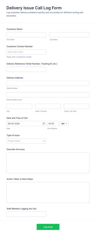 Delivery Issue Call Log Form Template