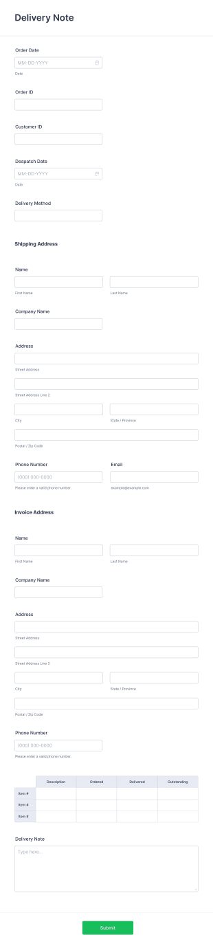 Delivery Note Form Template