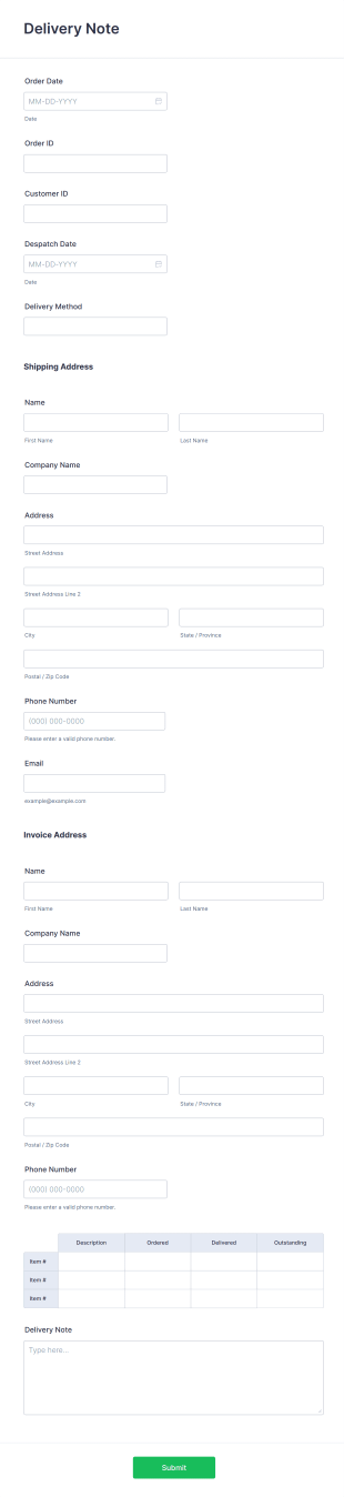 Delivery Note Form Template