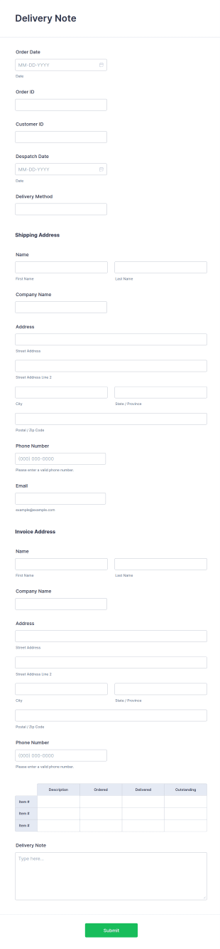 Delivery Note Form Template