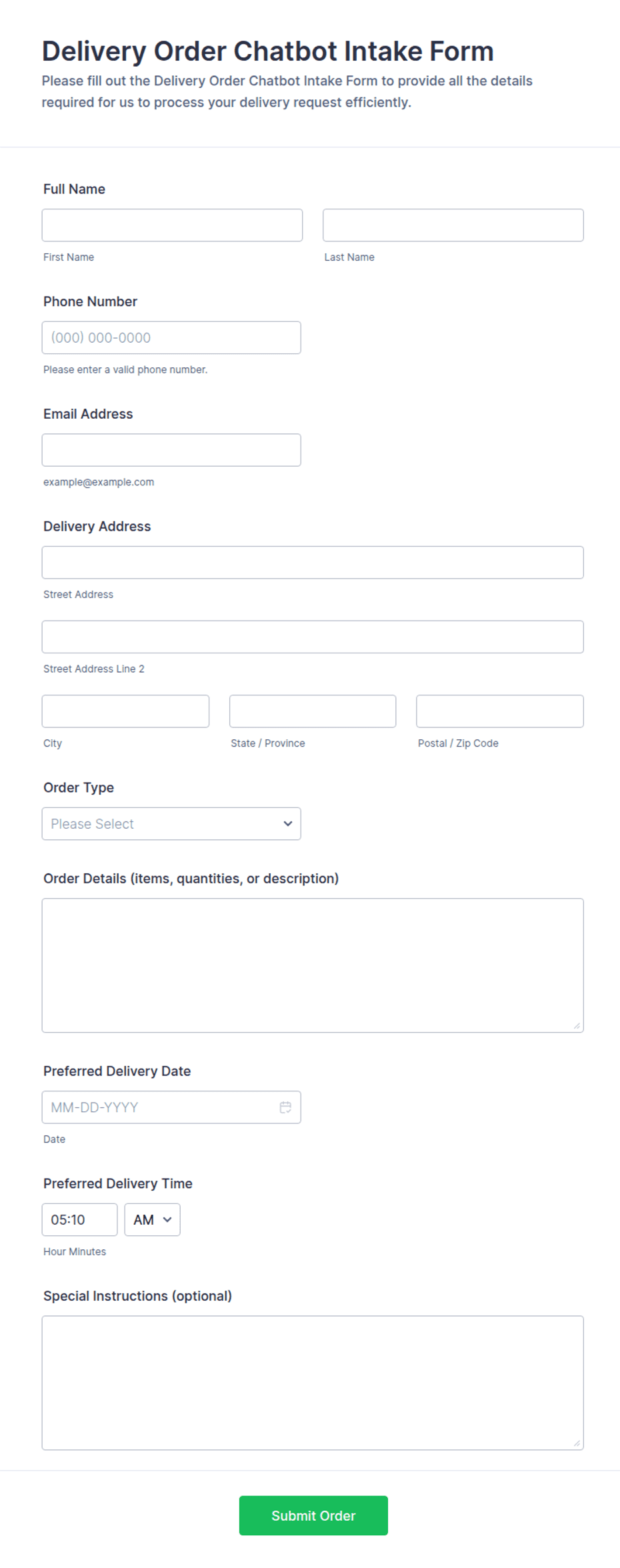 Delivery Order Chatbot Intake Form Template | Jotform