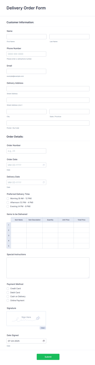 Delivery Order Form Template