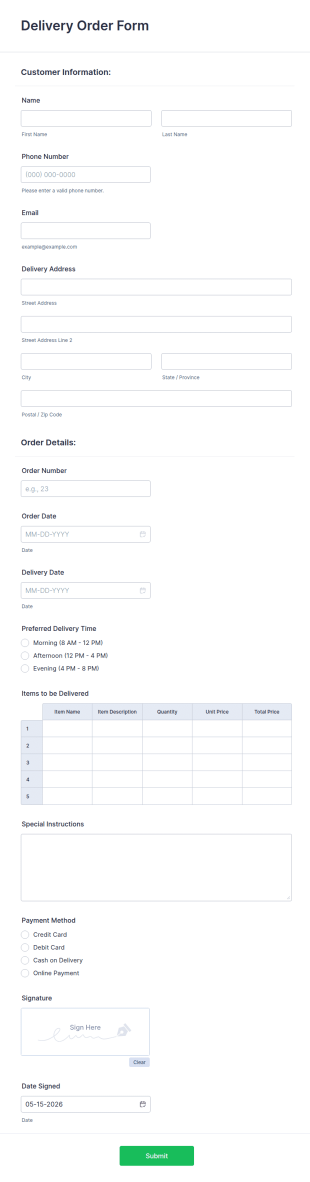 Delivery Order Form Template