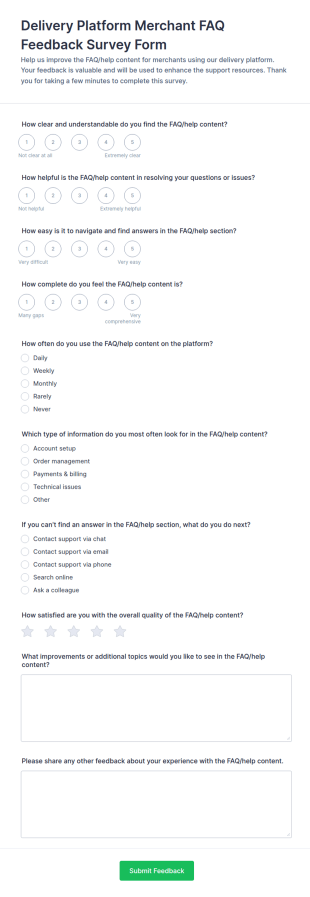 Delivery Platform Merchant FAQ Feedback Survey Form Template