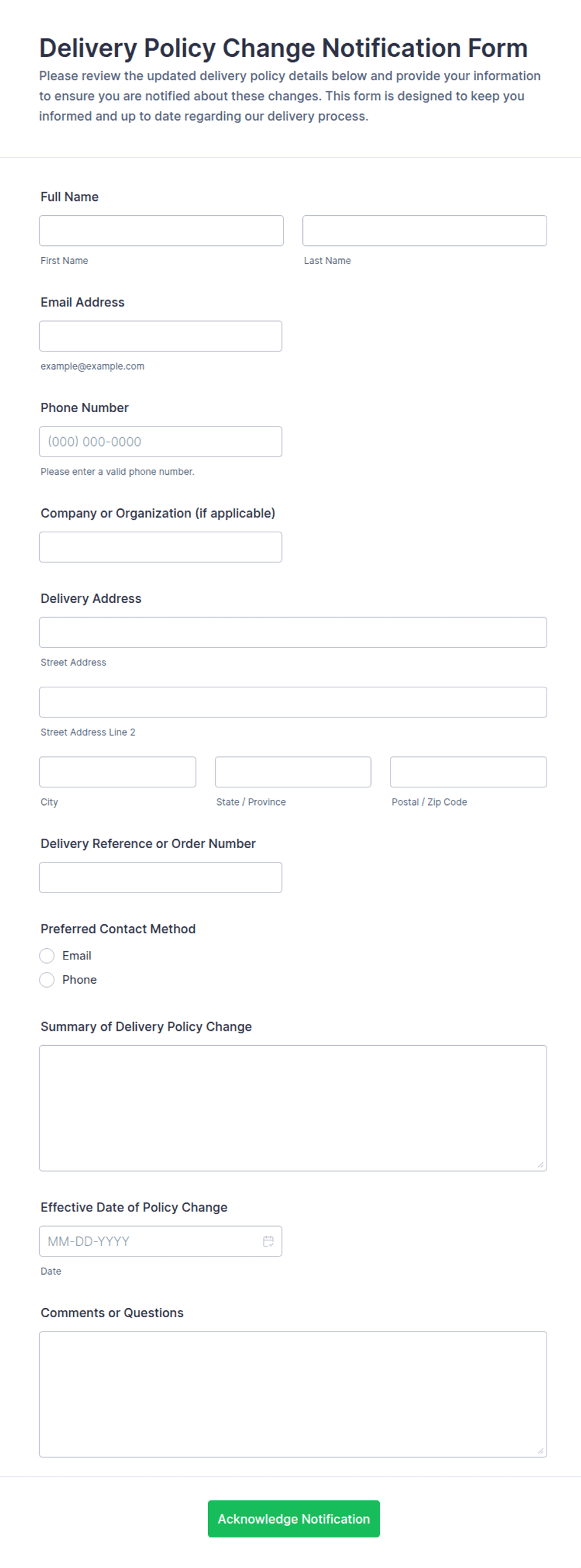 Delivery Policy Change Notification Form Template | Jotform