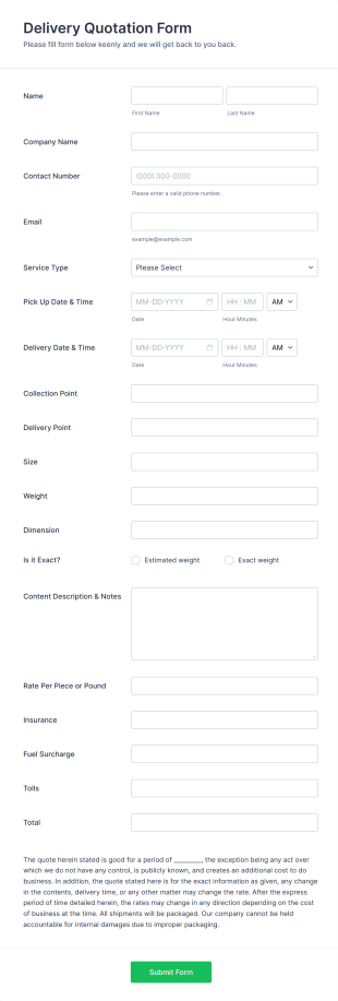 Delivery Quotation Form Template
