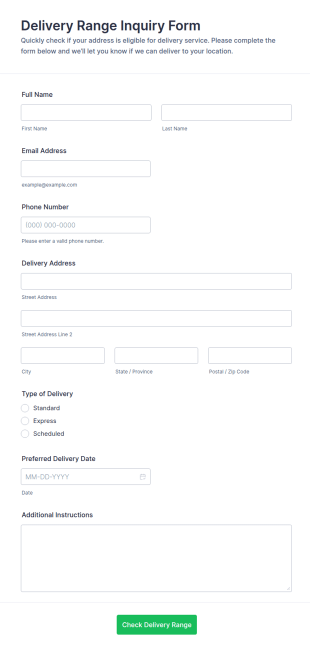 Delivery Range Inquiry Form Template