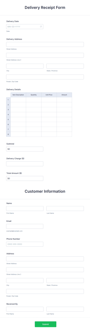 Delivery Receipt Form Template