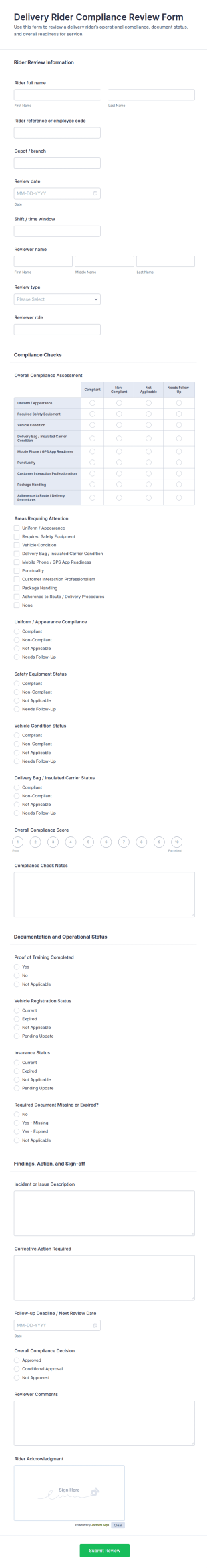 Delivery Rider Compliance Review Form Template