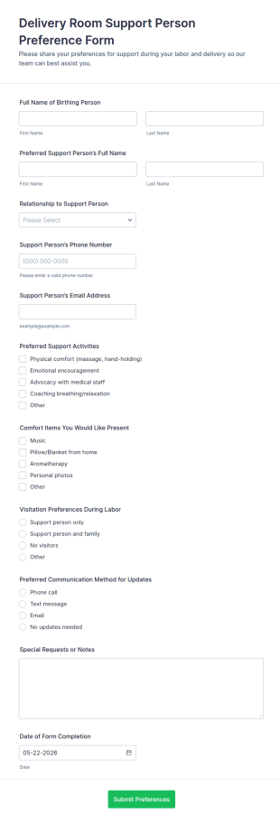 Delivery Room Support Person Preference Form Template