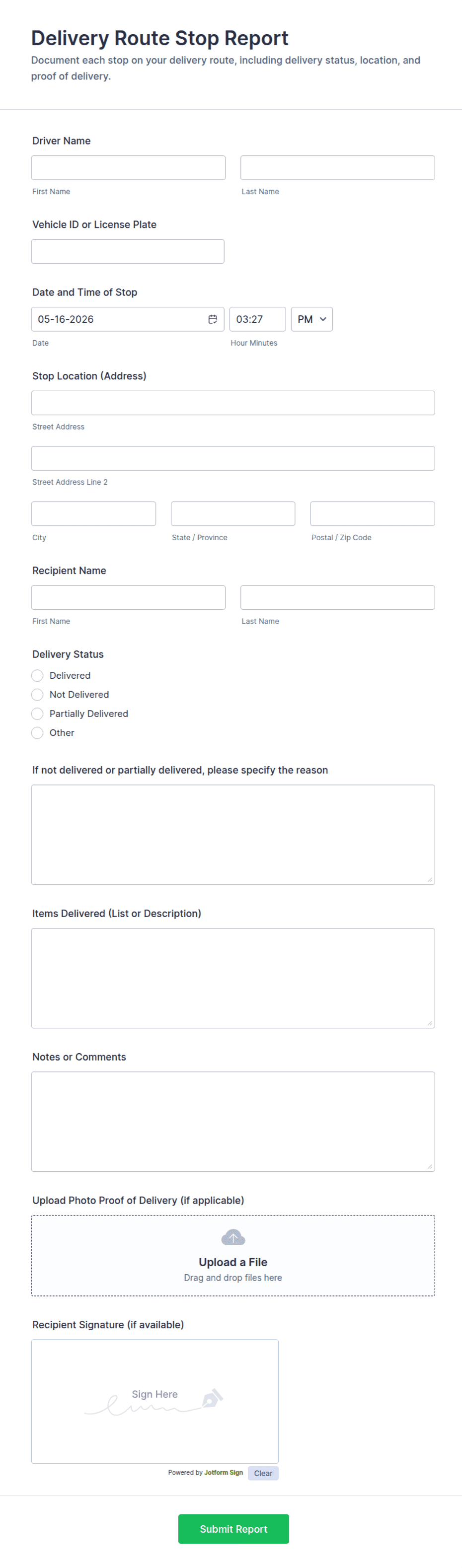 Delivery Route Stop Report Form Template | Jotform