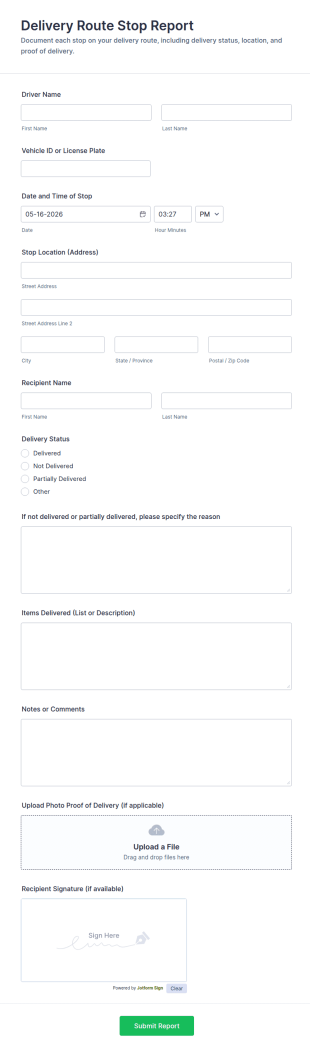 Delivery Route Stop Report Form Template