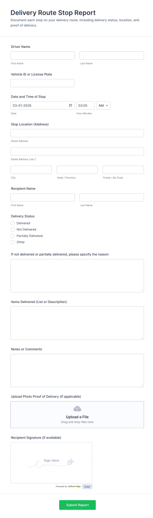 Delivery Route Stop Report Form Template