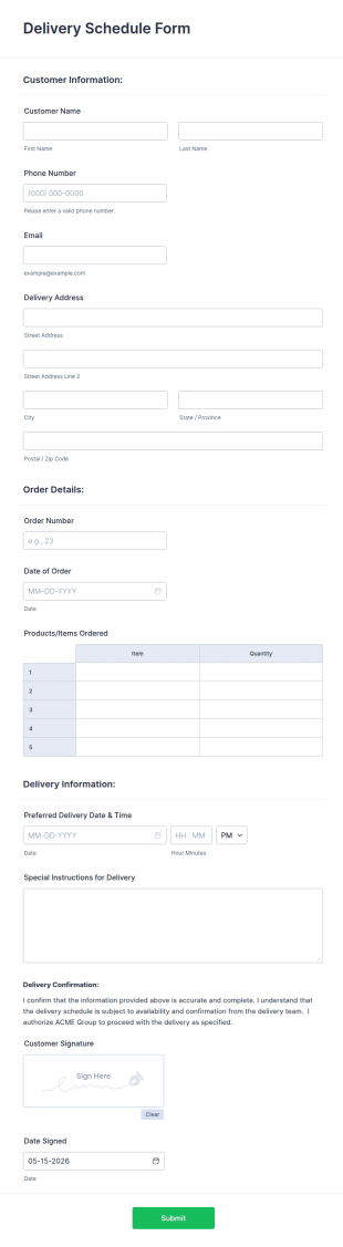Delivery Schedule Form Template