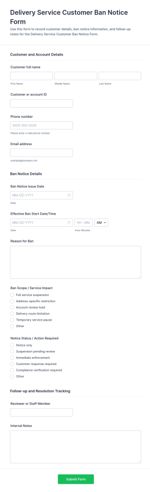Delivery Service Customer Ban Notice Form Template