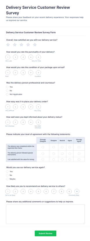 Delivery Service Customer Review Survey Form Template