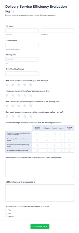 Delivery Service Efficiency Evaluation Form Template