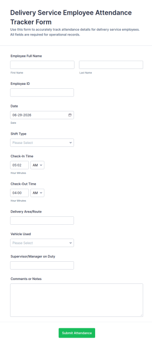 Delivery Service Employee Attendance Tracker Form Template