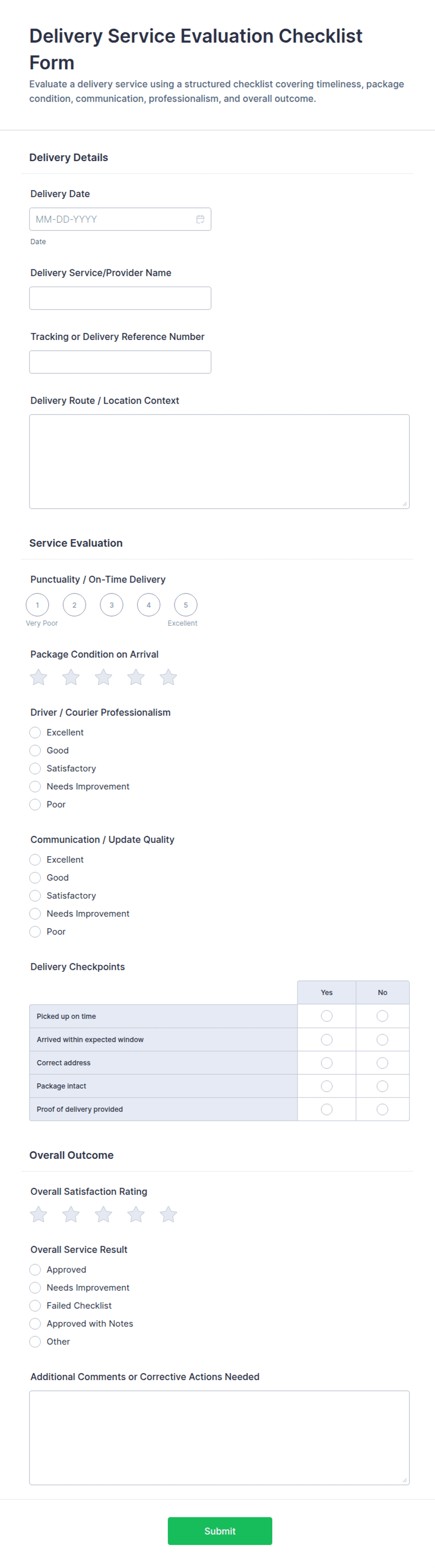 Basic Delivery Driver Review Form Delivery Service Evaluation Checklist Form Template | Jotform
