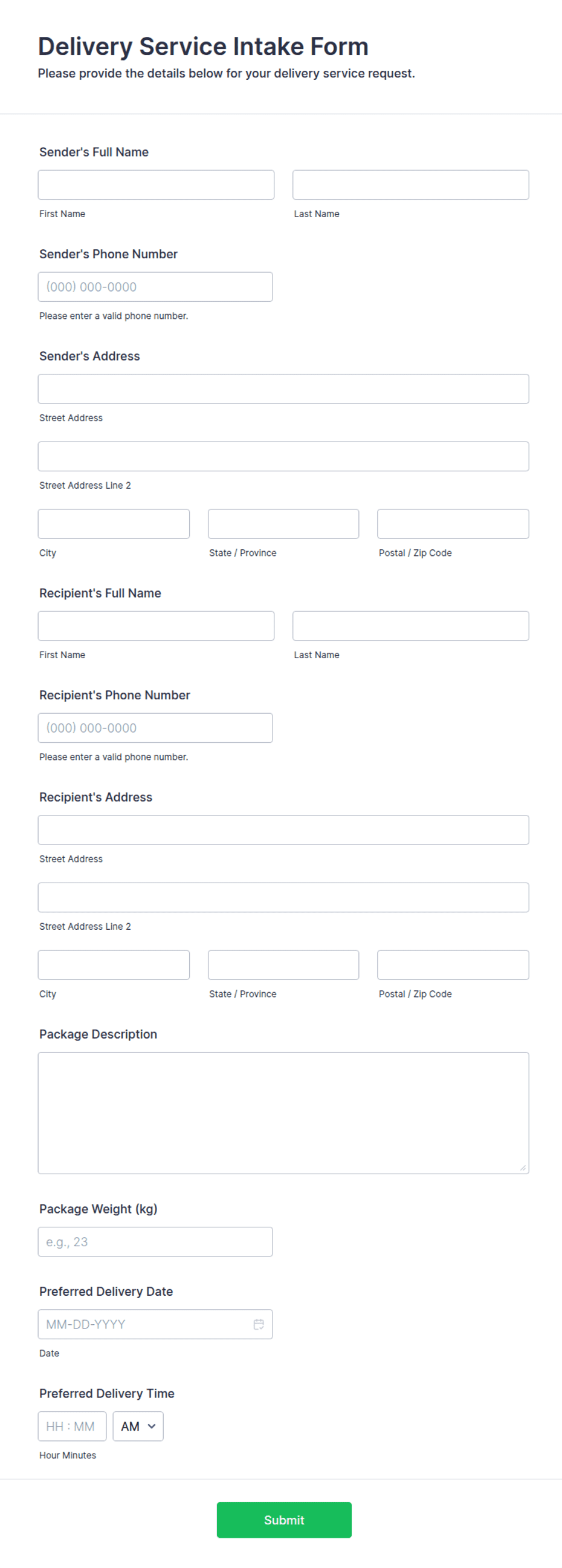 Service Intake Form Example Delivery Service Intake Form Template | Jotform