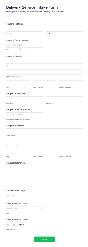 Delivery Service Intake Form Template