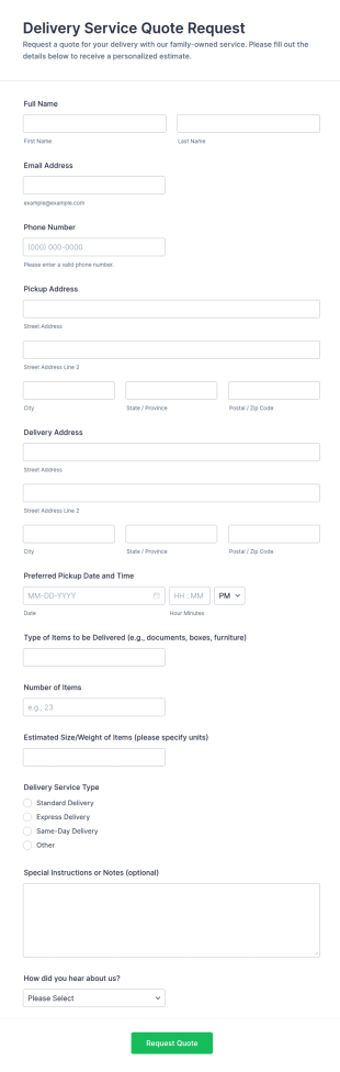 Delivery Service Quote Request Form Template