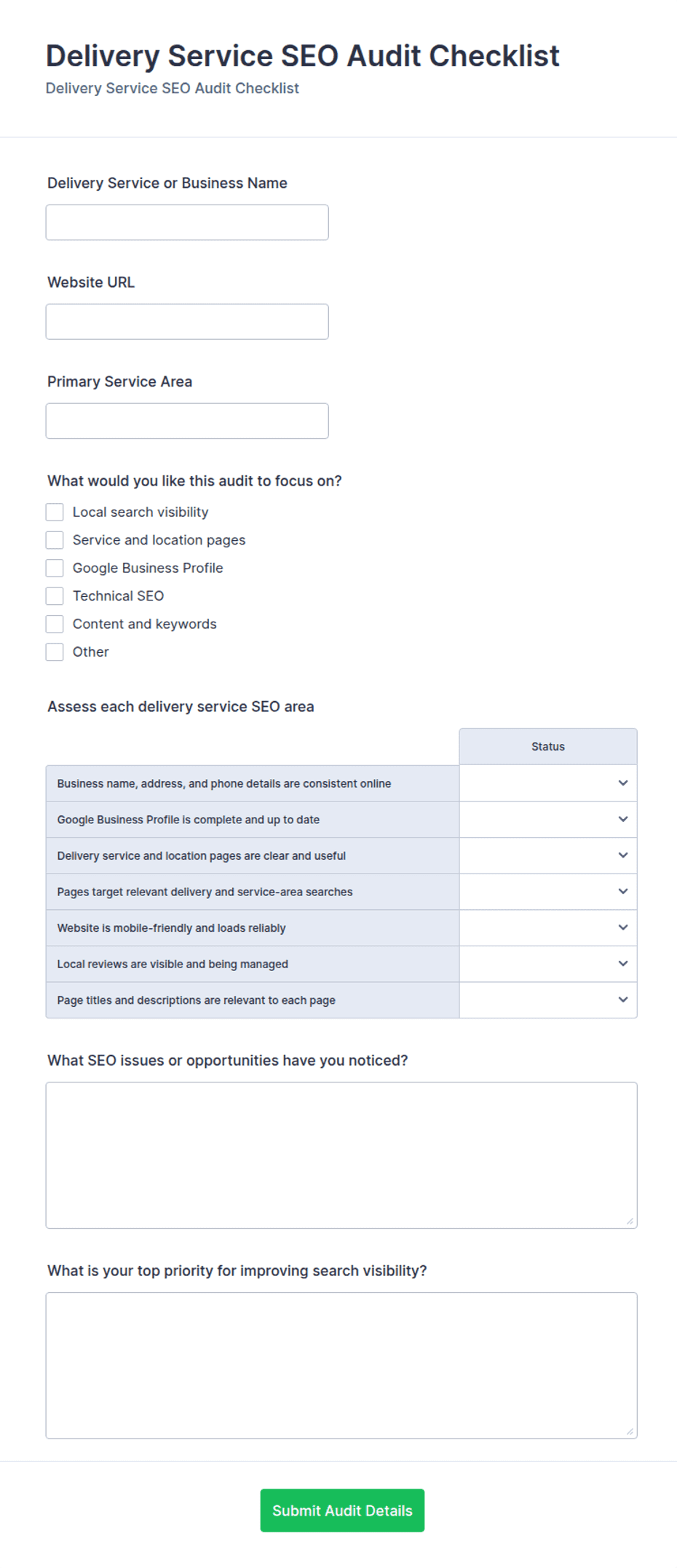 Delivery Service SEO Audit Checklist Form Template | Jotform