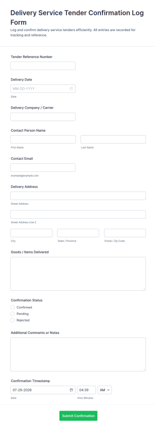 Delivery Service Tender Confirmation Log Form Template