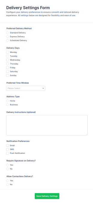 Delivery Settings Form Template