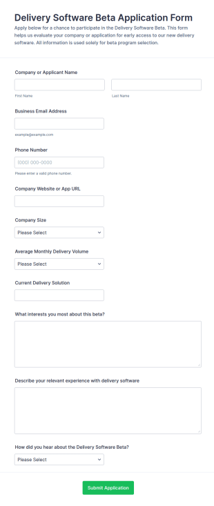 Delivery Software Beta Application Form Template
