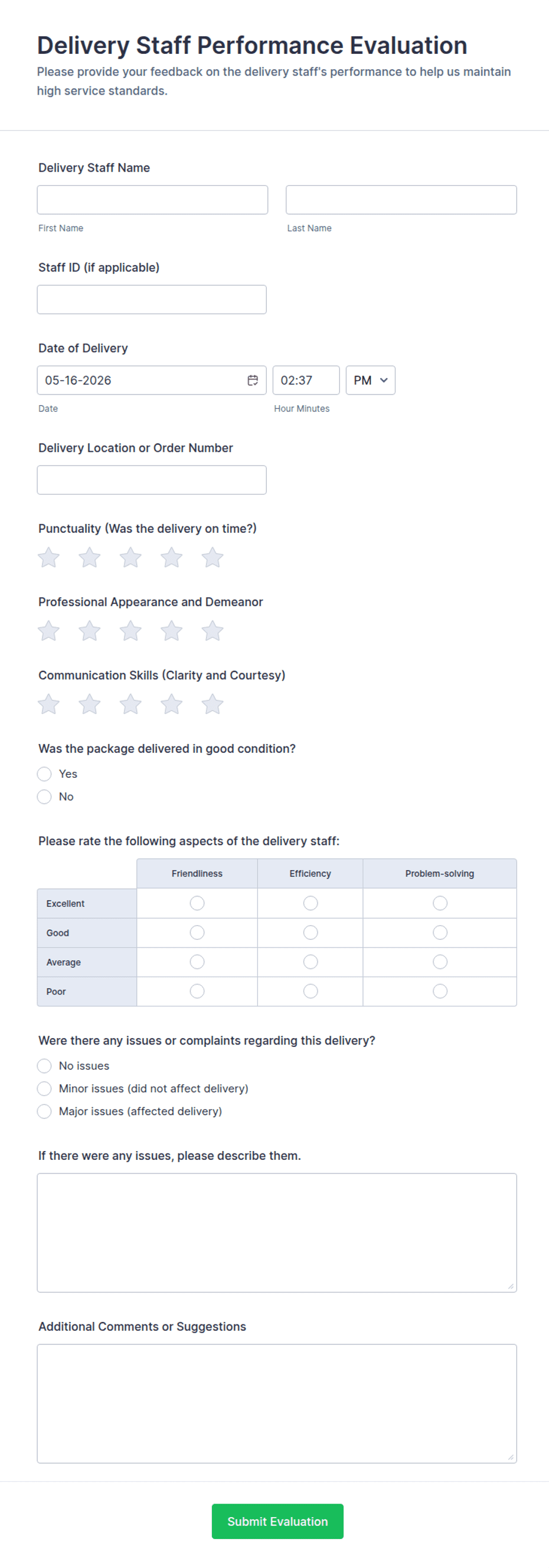 Delivery Staff Performance Evaluation Form Template | Jotform