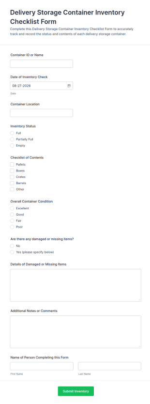 Delivery Storage Container Inventory Checklist Form Template