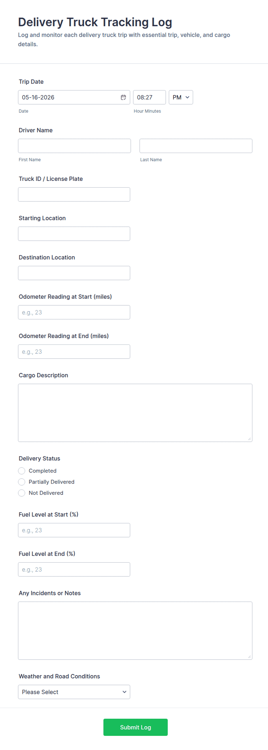 Delivery Truck Tracking Log Form Template | Jotform