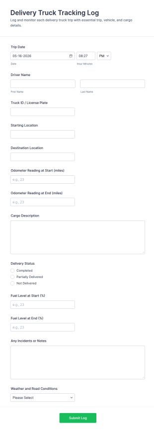 Delivery Truck Tracking Log Form Template