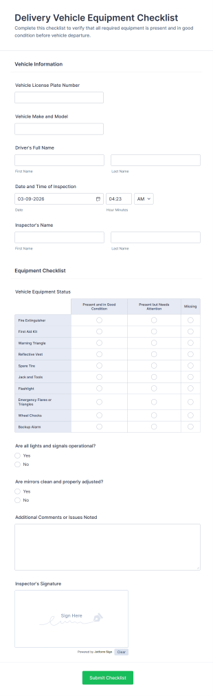 Delivery Vehicle Equipment Checklist Form Template