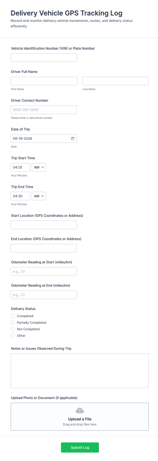 Delivery Vehicle GPS Tracking Log Form Template