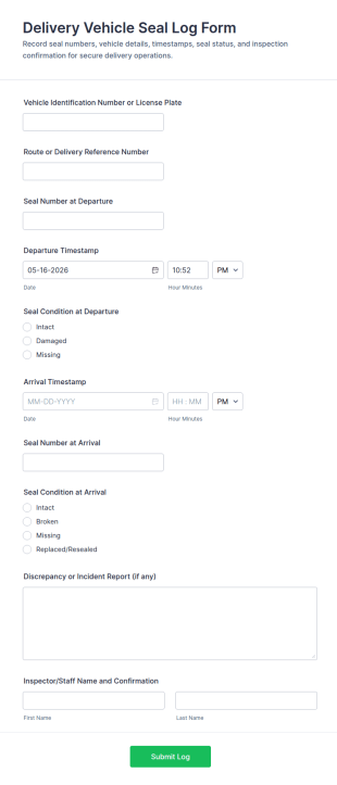 Delivery Vehicle Seal Log Form Template