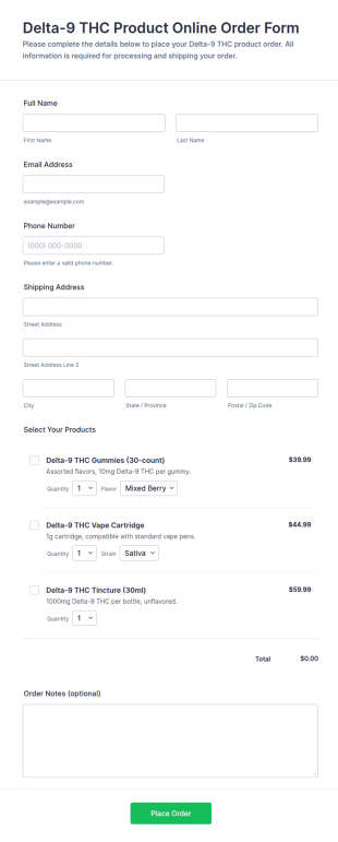 Delta 9 THC Product Online Order Form Template