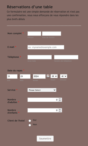 Demande De Réservation De Table Form Template