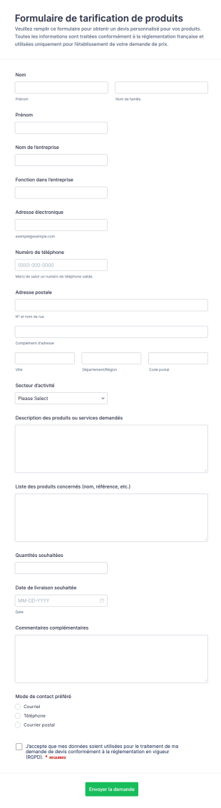 Demande De Tarification Du Produit