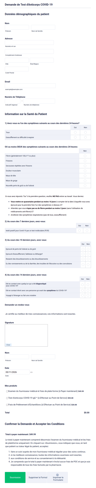 Demande De Test D'Anticorps COVID 19